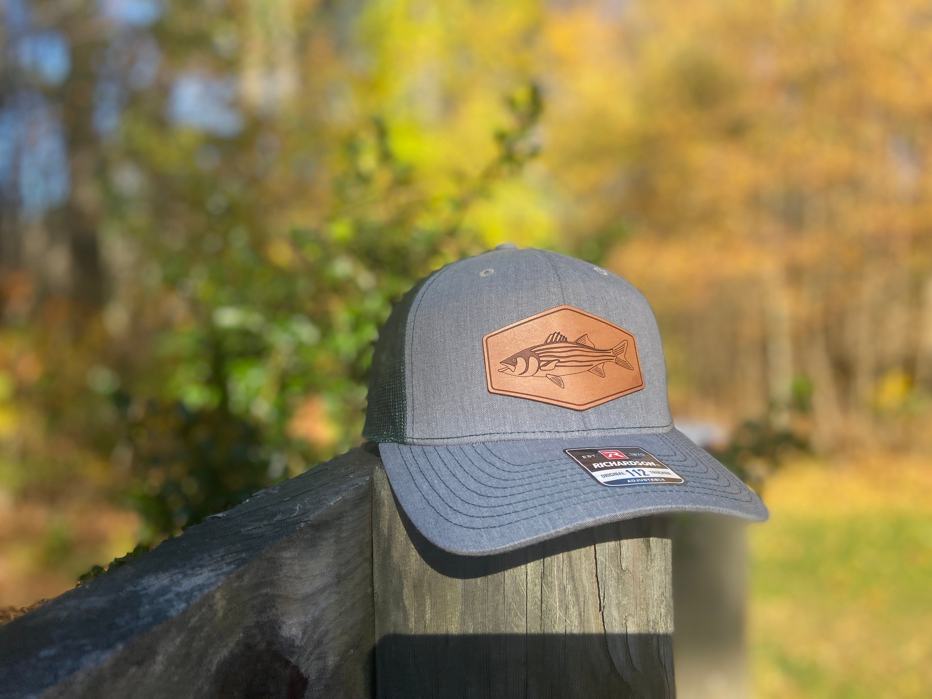 Striped Bass Trucker Leather Patch Hat Laser Engraved Navy Etsy
