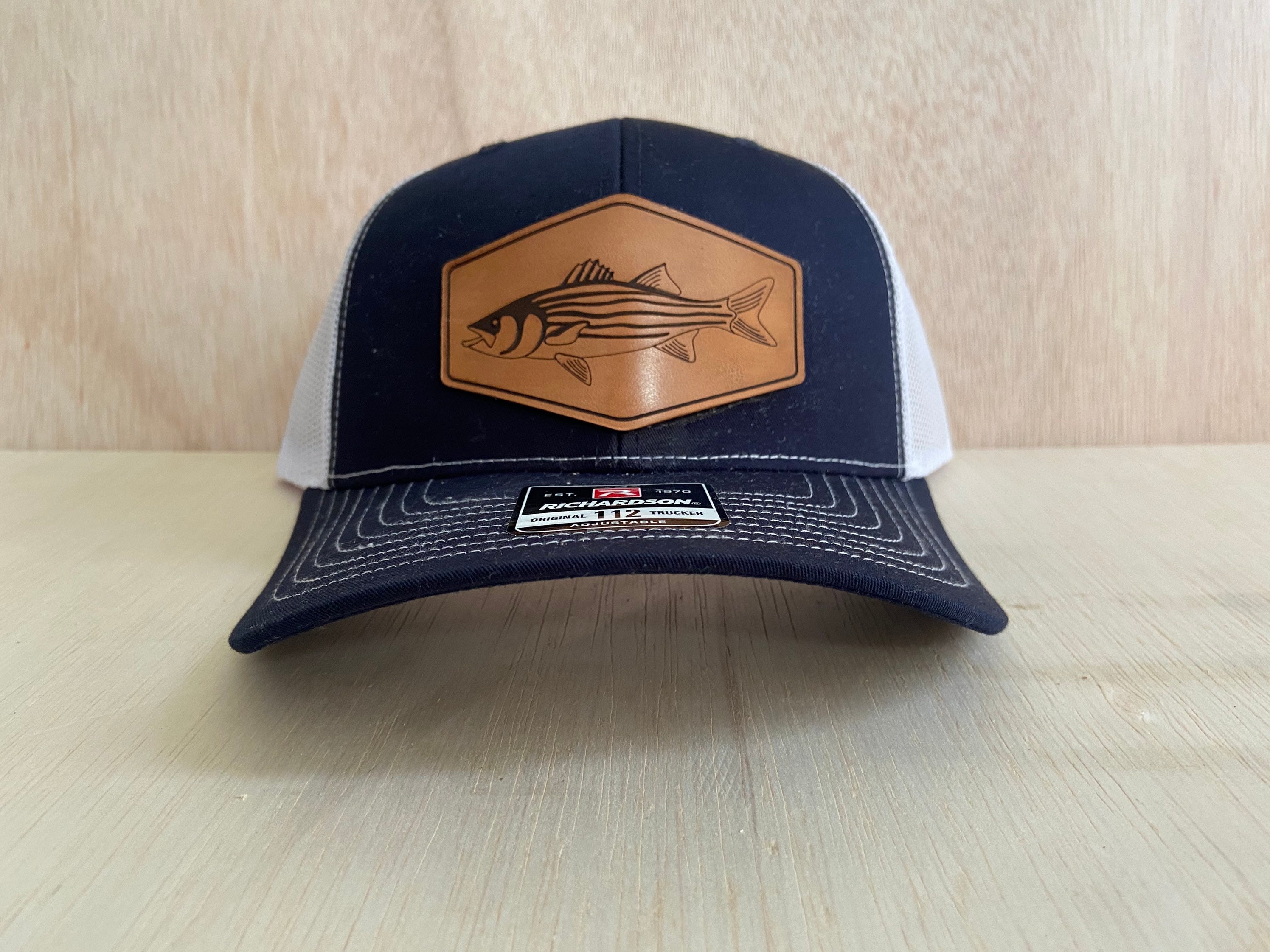 Striped Bass Trucker Leather Patch Hat Laser Engraved Navy Etsy