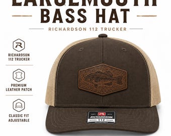 Largemouth Bass Leather Patch Hat, Richardson 112 Trucker Cap, Fishing Hat for Men, Bass Fishing Gift, Angler Hat, Brown Khaki Snapback