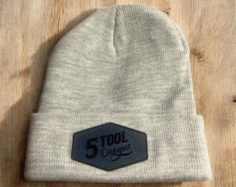 Custom Cuffed Knit Beanie: Laser Engraved Leatherette Patch Hat