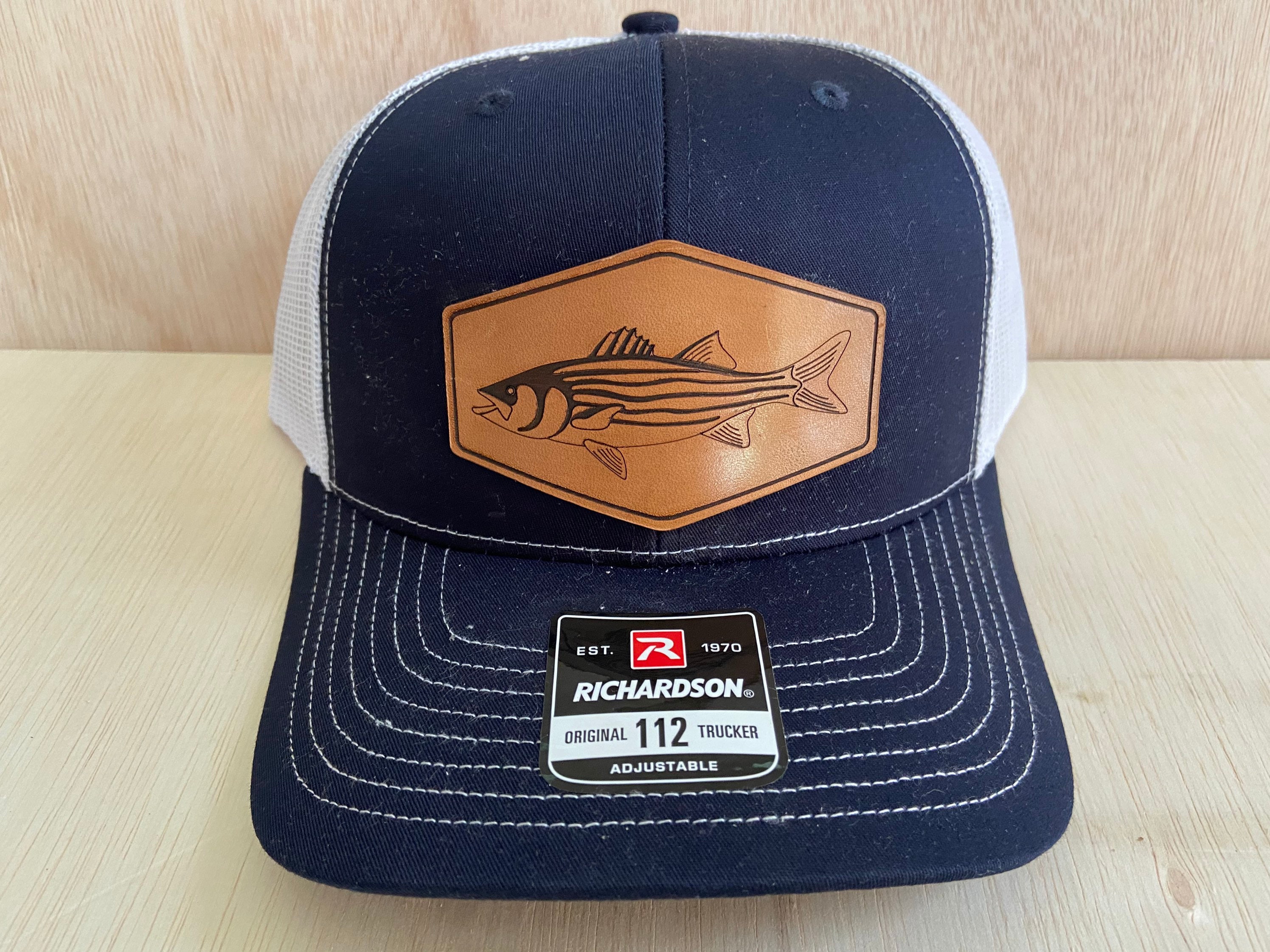 Striped Bass Trucker Leather Patch Hat Laser Engraved Navy Etsy