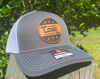 Custom Richardson 112 Trucker Hat, Genuine Leather Patch Cap, Laser Engraved Logo