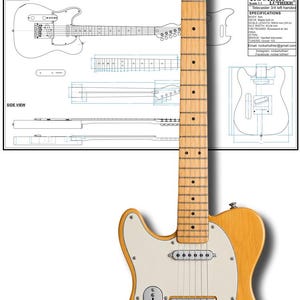 Könnte beinhalten: Eine hellfarbene E-Gitarre aus Holz mit weißem Schlagbrett, Chrom-Hardware und Ahornhals. Hinter der Gitarre befindet sich ein technischer Bauplan mit Vorder- und Seitenansicht sowie Spezifikationen für ein 3/4 Linkshänder-Telecaster-Modell.