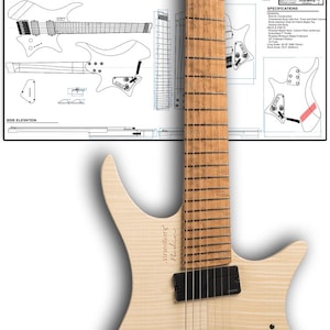 Puede incluir: Una guitarra eléctrica de color claro con una forma de cuerpo única y un mástil largo. La guitarra tiene pastillas y herrajes negros. Un plano de la guitarra está en el fondo, con el texto "ROCKAR Luthier".