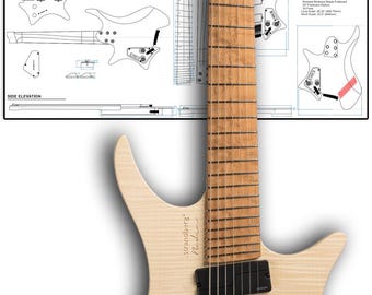 Planer/Blueprints för luthier, stil Strandberg Boden 7 gitarr