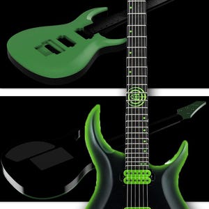 Puede incluir: Guitarra eléctrica negra con ribetes y detalles en verde neón. La guitarra presenta una forma de cuerpo única, un diapasón con incrustaciones de puntos y una pala con la marca "KIESEL". La imagen incluye un cuerpo y mástil de guitarra verdes.