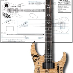 Könnte beinhalten: Eine hellfarbene E-Gitarre mit einzigartigem Design, Ahornhals und Griffbrett mit Mond- und Sterneinlagen. Der Korpus hat ein Ouija-Brett-Thema mit dem Text "YES OUIJA NO" und "1234567890 GOOD BYE". Die Kopfplatte trägt den Markennamen "LTD".