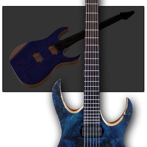 May include: A blue electric guitar with a figured maple top and a black pickguard. The guitar has a 7-string neck and a Floyd Rose tremolo bridge. The headstock has the word "Ormsby" on it.