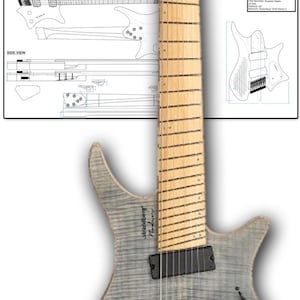 Pode incluir: Uma guitarra elétrica cinza com um formato de corpo incomum e um braço longo. A guitarra tem uma escala de madeira clara e captadores pretos. Um projeto da guitarra está no fundo, com o texto "ROCKAR Luthier".