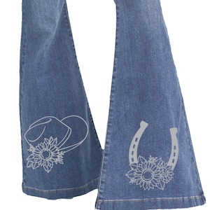 Custom Women's High Waist Bell Bottom Laser-Etched Denim Jeans by Just4UJeans