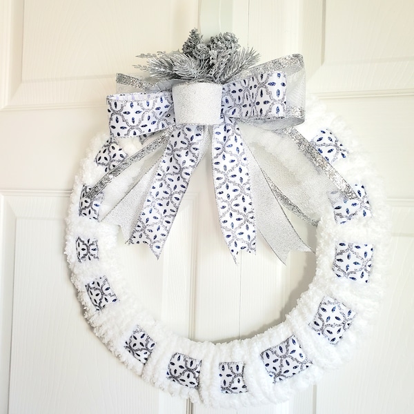 Christmas Yarn and Ribbon Wreath, Christmas Yarn Wreath, Christmas Decor, Christmas Door Hanger, Yarn and Ribbon Winter Wreath. Winter decor