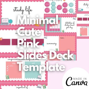 May include: A pink and white presentation template with the text "Study Life Minimal Cute Pink Slides Deck Template" and "Made in Canva". The template includes slides for study tips, statistics, and a comparison between study and work.
