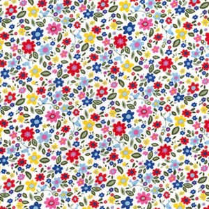 Pode incluir: Um fundo branco com um padr&atilde;o repetitivo de pequenas flores coloridas. As flores s&atilde;o em tons de vermelho, rosa, azul, amarelo e verde. Tamb&eacute;m h&aacute; pequenos p&aacute;ssaros azuis espalhados por todo o padr&atilde;o.