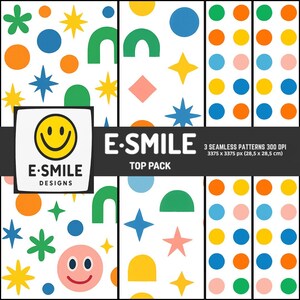 Puede incluir: Una colección de tres patrones sin costuras con formas geométricas coloridas, incluyendo círculos, estrellas y arcos, sobre un fondo blanco. Los patrones son parte de un paquete superior de E-Smile Designs, con una resolución de 3375 x 3375 píxeles (28,5 x 28,5 cm).