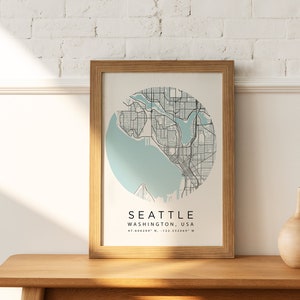 Póster de mapa personalizado (archivo digital), cualquier ubicación, mapa circular con detalle de agua
