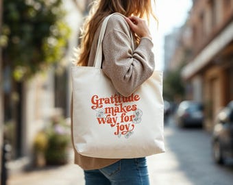 Gratitude Joy Canvas Tote, Eco-Friendly Shopping, Reusable Grocery