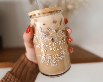 Psalm 23 Iced Coffee Cup 16oz Sipper Glass | He Restores My Soul