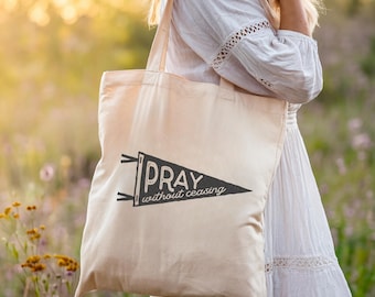Pray Without Ceasing Canvas Tote Bag | Vintage Pennant Design | Reusable Faith Tote