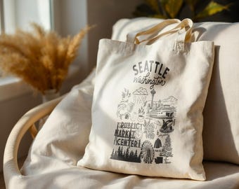 Seattle Washington Cotton Canvas Tote Bag, Landmarks, Reusable Shopping Bag