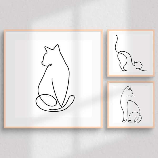 Cat Poster, Set of 3 Cat line art, abstract print, Printable Wall Art, Digital Print of cat one line, Interior Design, Minimalist Poster