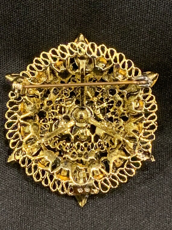 Vintage Round Domed Filigree Gold Toned Brooch wi… - image 3