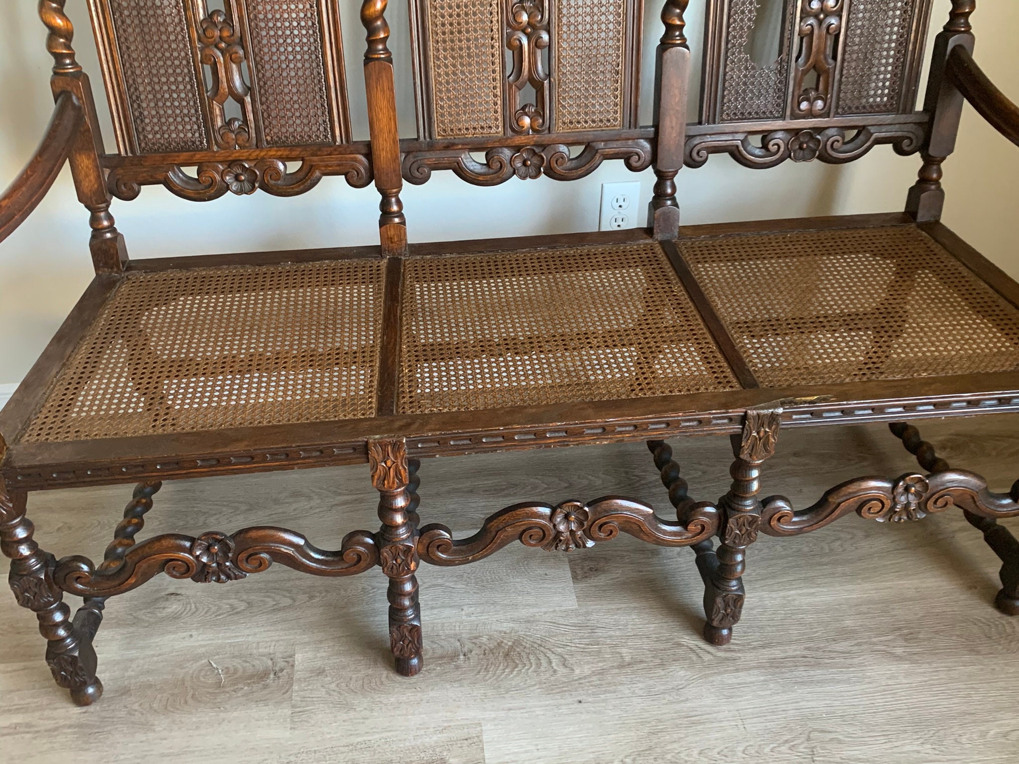 Antique Numbered Michigan Chair Company 3 Seat Carved Wood Arts