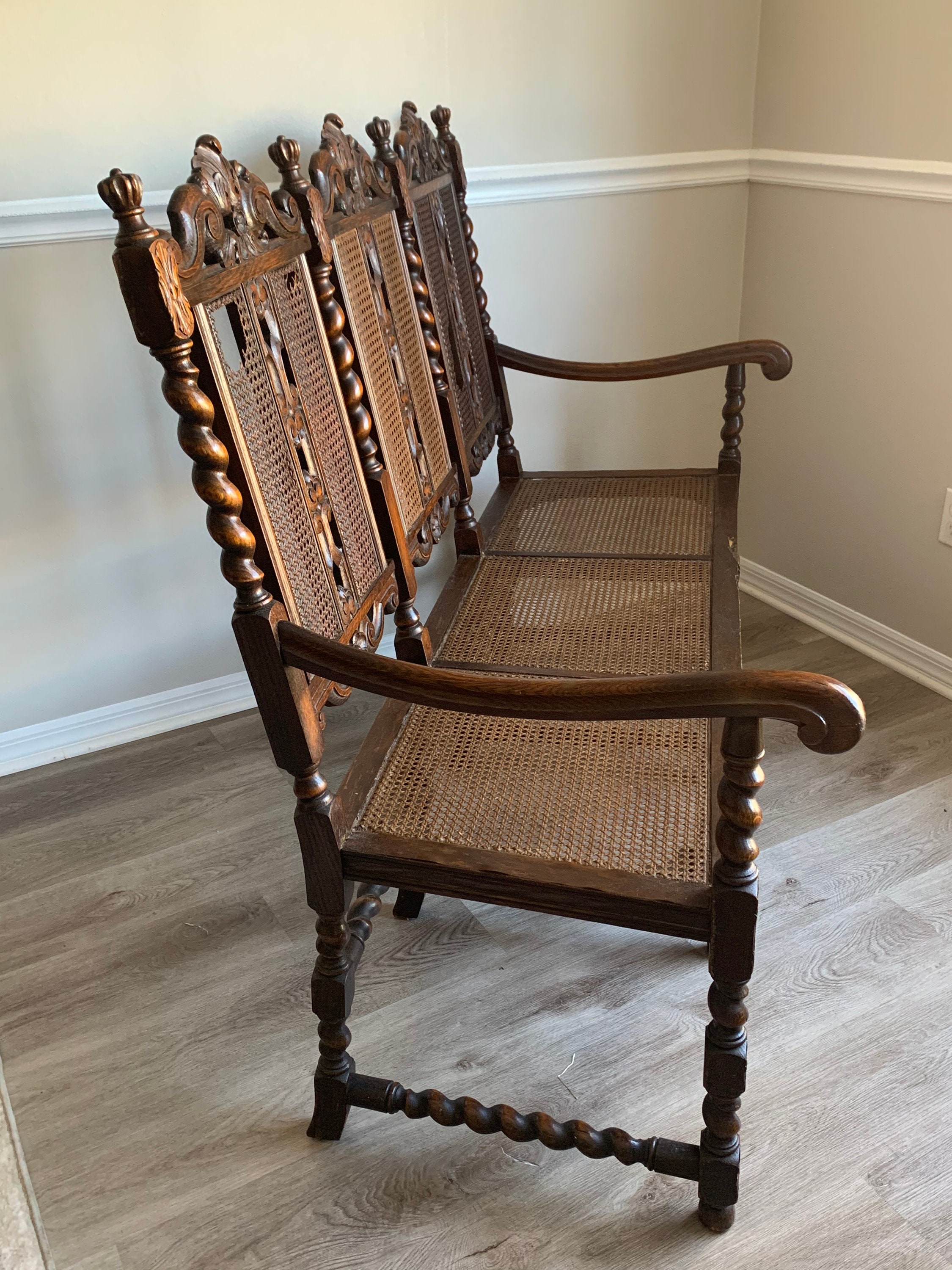 Antique Numbered Michigan Chair Company 3 Seat Carved Wood Arts