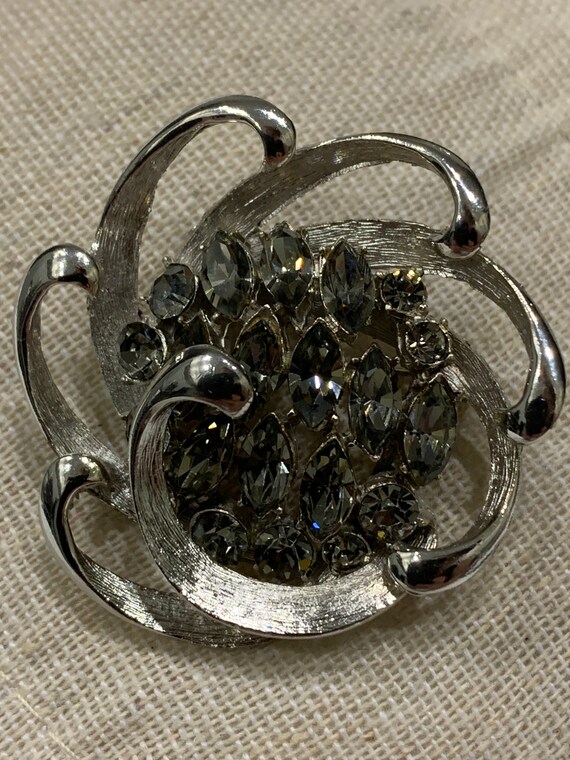 1950’s BSK Silver Tone Floral Brooch with Gray Nav
