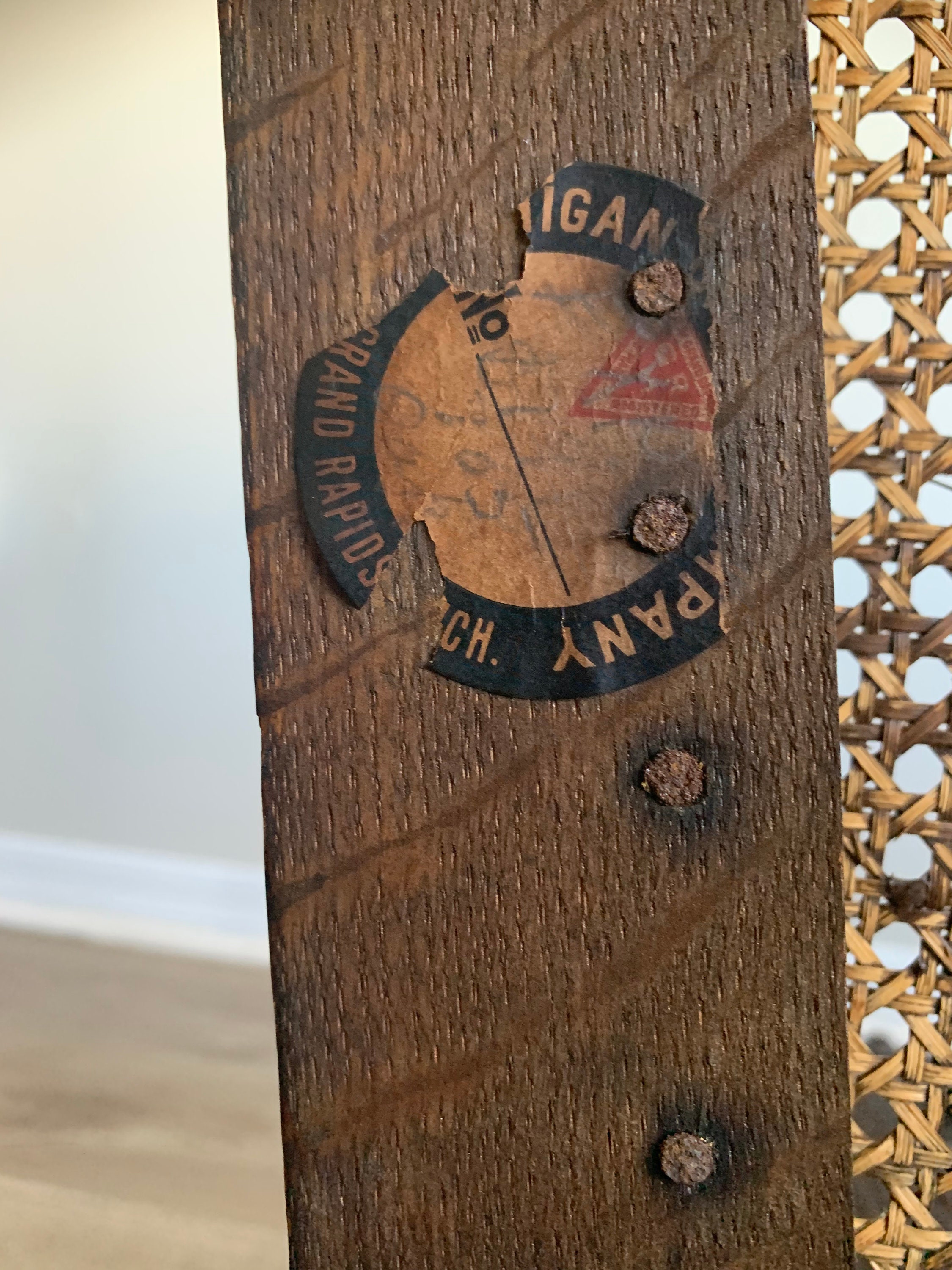 Antique Numbered Michigan Chair Company 3 Seat Carved Wood Arts