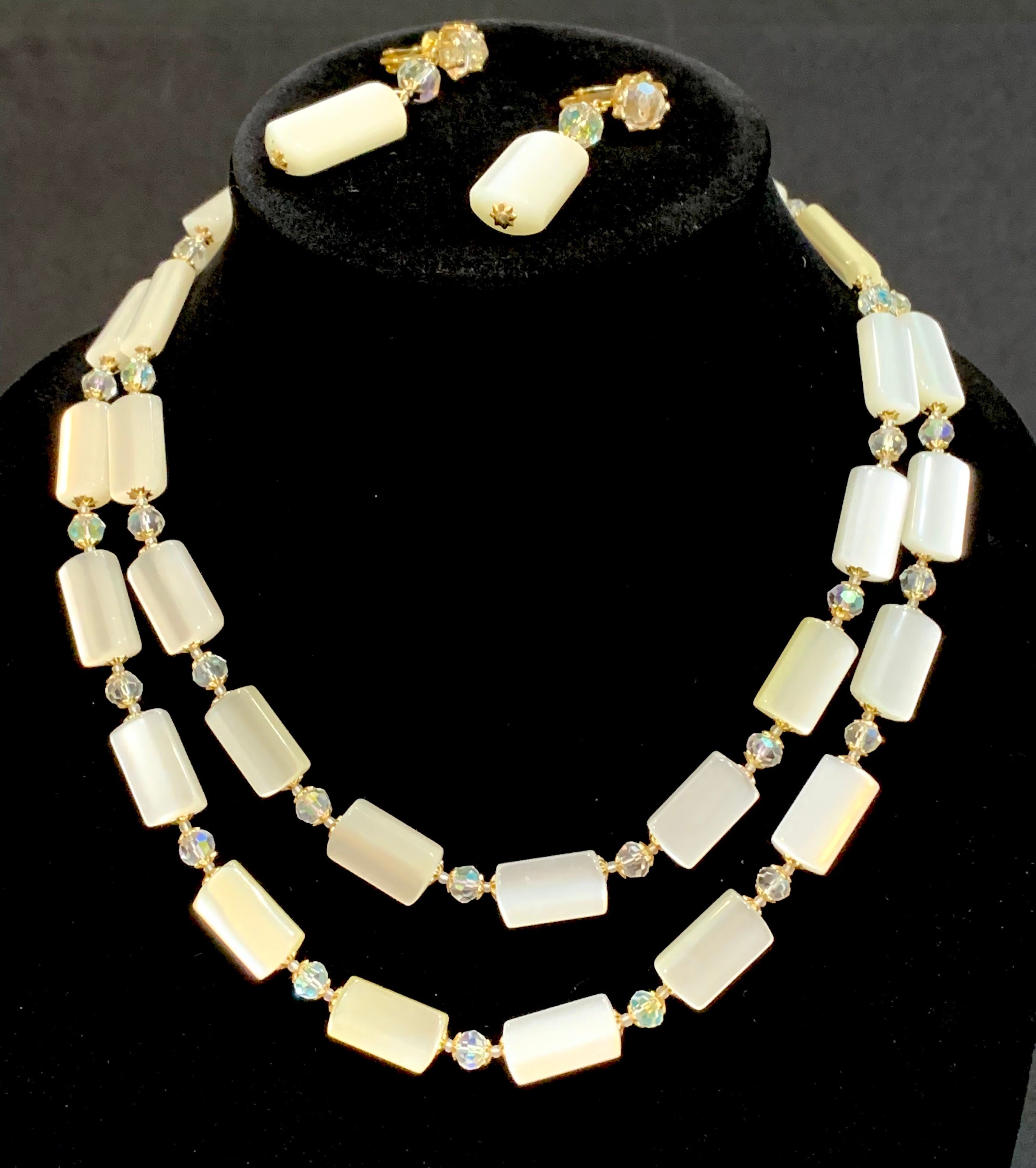 1960s Faux Mother of Pearl Double Strand Necklace and Earring Set. Made in Japan. FREE SHIPPING.
