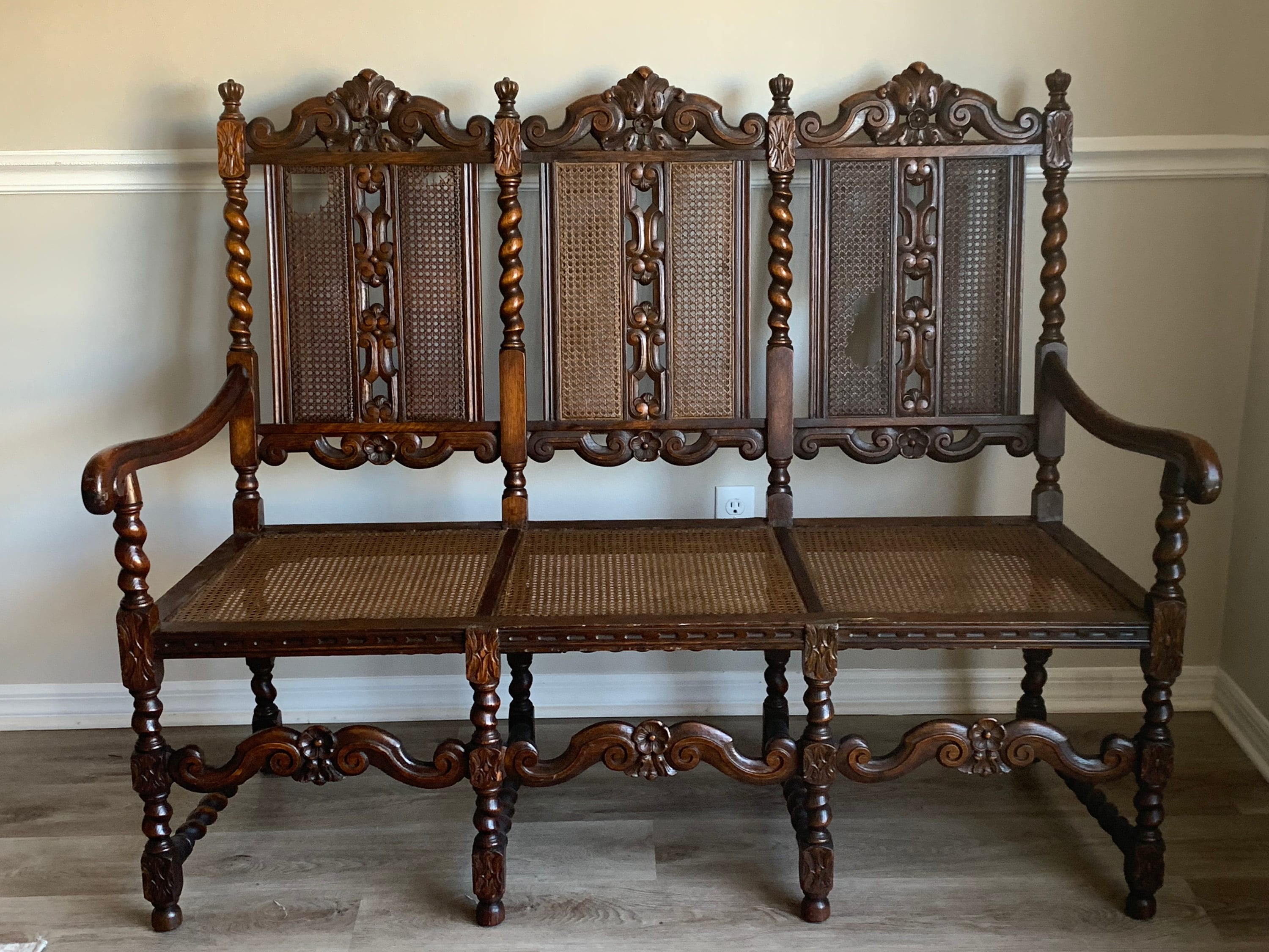 Antique Numbered Michigan Chair Company 3 Seat Carved Wood Arts