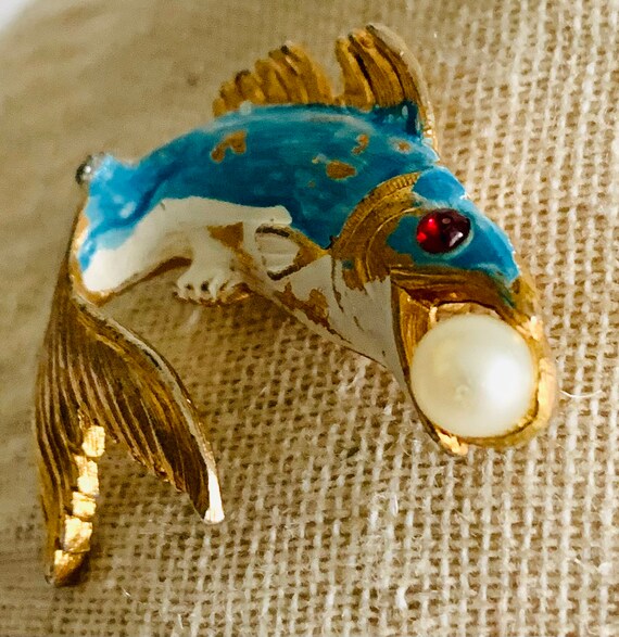 Vintage Metal Enamel Leaping Fish Brooch Etsy Australia