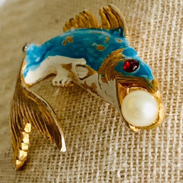 Vintage Metal Enamel Leaping Fish Brooch