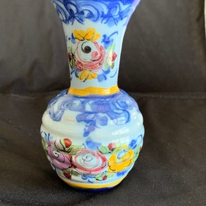 Miniature Blue Hand-Painted Floral Ceramic Pottery Vase. Made in Portugal. FREE SHIPPING