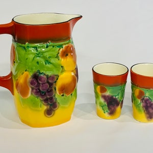 Art Deco Ditmar Urbach Fruit Pitcher & Cups, Bern Embossed, Czechoslovakia