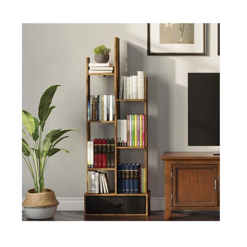 Free Standing Wooden Vertical Book Shelves With Drawer Rustic Etsy