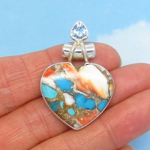 Spiny Oyster Kingman Turquoise Heart Pendant Sterling Silver 171758v25 Blue Topaz Accent tq