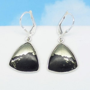 May include: A pair of silver-toned leverback earrings. Each earring features a triangular, dark gray stone with metallic gold flecks, set in a silver bezel. The earrings are displayed against a white surface with a blue sky background.
