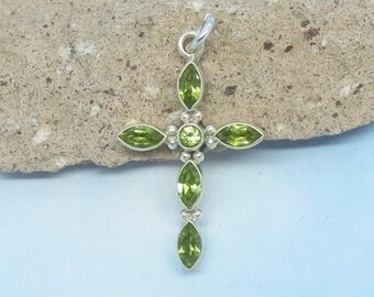 Small Natural Peridot Cross Pendant 925 Sterling Silver