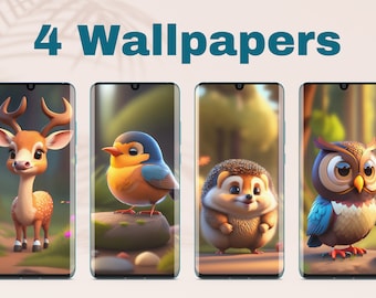 Conjunto de 4 fondos de pantalla del teléfono / Diseños lindos de animales del bosque / Fondo de pantalla de iPhone / Fondo de teléfono inteligente # 1094