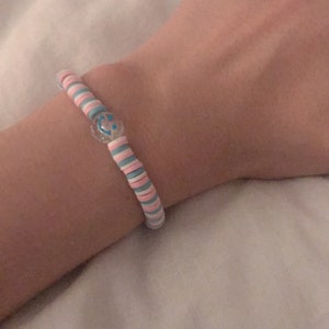 pink blue and white clay bead bracelet