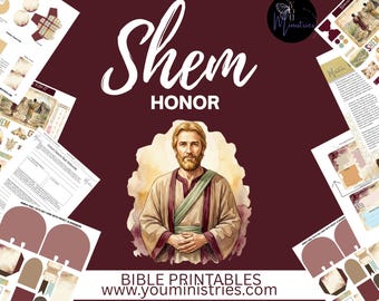 May include: A digital Bible study printable set featuring the text Shem HONOR and a central illustration of a bearded man in robes. The collection includes various worksheets, cards, and graphics with a maroon background and website URL.