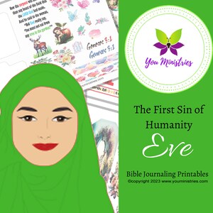 Puede incluir: Ilustración de una mujer con hiyab verde, con texto "The First Sin of Humanity Eve" y "Bible Journaling Printables." La imagen incluye ilustraciones florales y bíblicas.