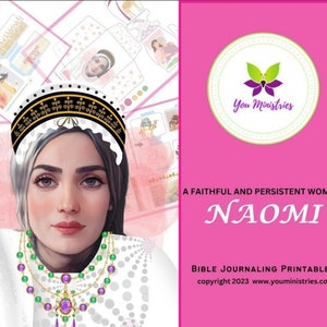 Può includere: Illustrazione digitale di una donna con una corona decorativa e una collana di gioielli. L'immagine include il testo "A Faithful and Persistent Woman Naomi" e "Bible Journaling Printables."