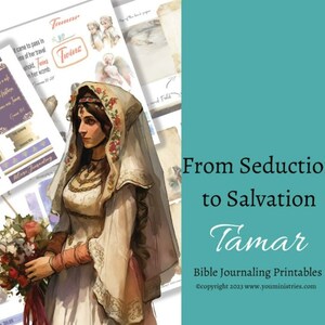 Op de afbeelding: Digitale kunstprint met een vrouw met sluier die een boeket rode rozen vasthoudt. De tekst "From Seduction to Salvation Tamar" wordt weergegeven, samen met Bijbel journaling printables. De afbeelding heeft een turquoise achtergrond.