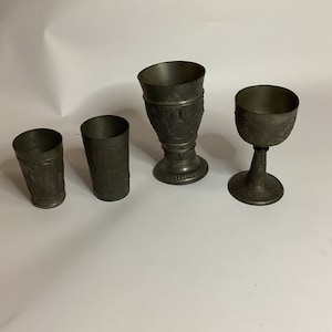 4 Vintage Cast Pewter Glasses Stein Goblet Tumbler