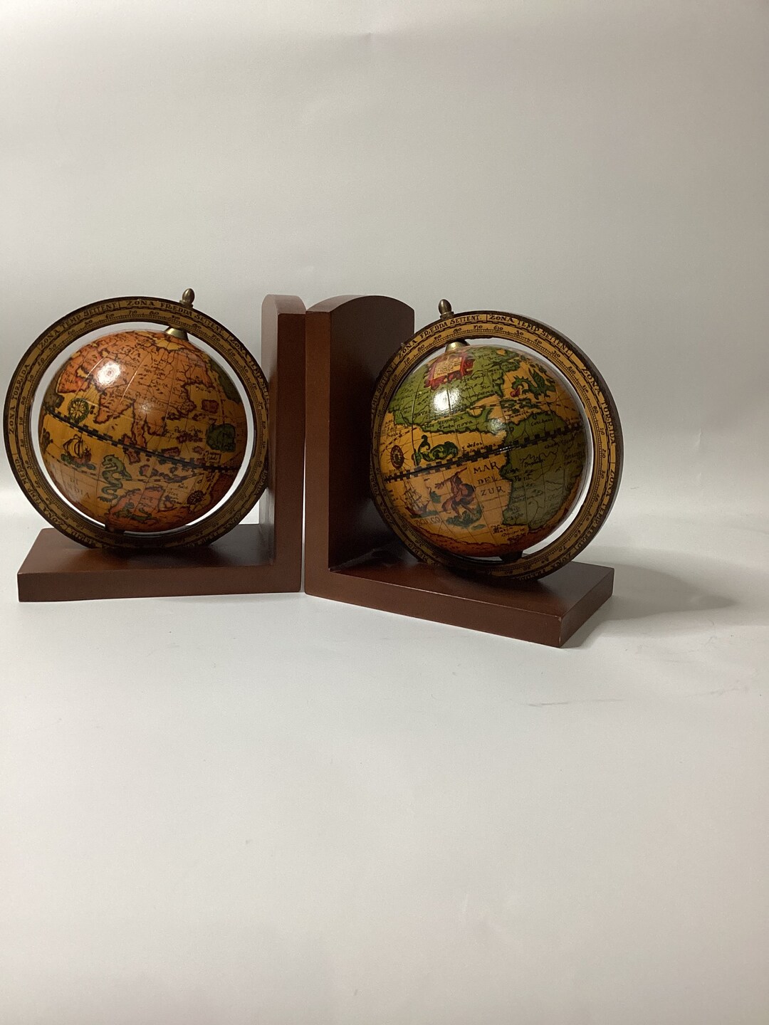 Globe Bookends Vintage Italian Midcentury Wood Paper Etsy