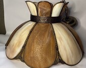 Vintage Slag Glass Chandelier Pub Mid Century Neutral Brass Glass Leaded