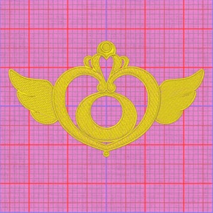 Könnte beinhalten: Ein goldfarbenes, geflügeltes Herz mit einem Halbmond und einem Stern. Das Herz ist in einem dunkleren Gold umrandet und hat eine dekorative, verzierte Spitze.