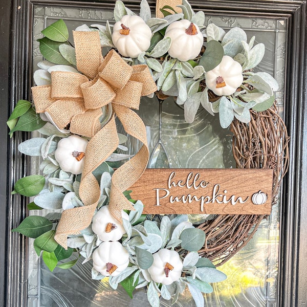 Neutral White Pumpkin or Buffalo Check Wreath with Eucalyptus and Lambs Ear, Burlap Bow and 3D Hello Pumpkin Sign